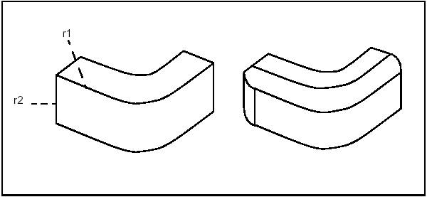 Filleting two edges using radii r1 and  r2.